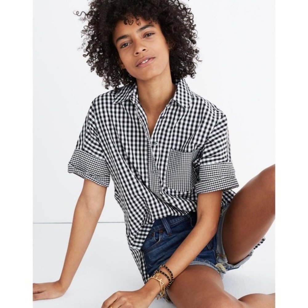Gingham-Play Button-Down Shirt - image 1